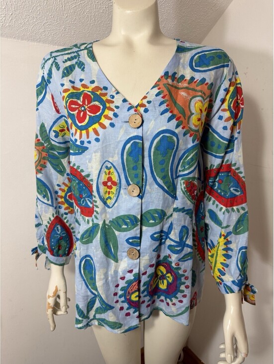Hester & Orchard Tops - Hester Orchard Womens Large Blue Floral Button Top Linen Blend Blouse 3/4 Sleeve